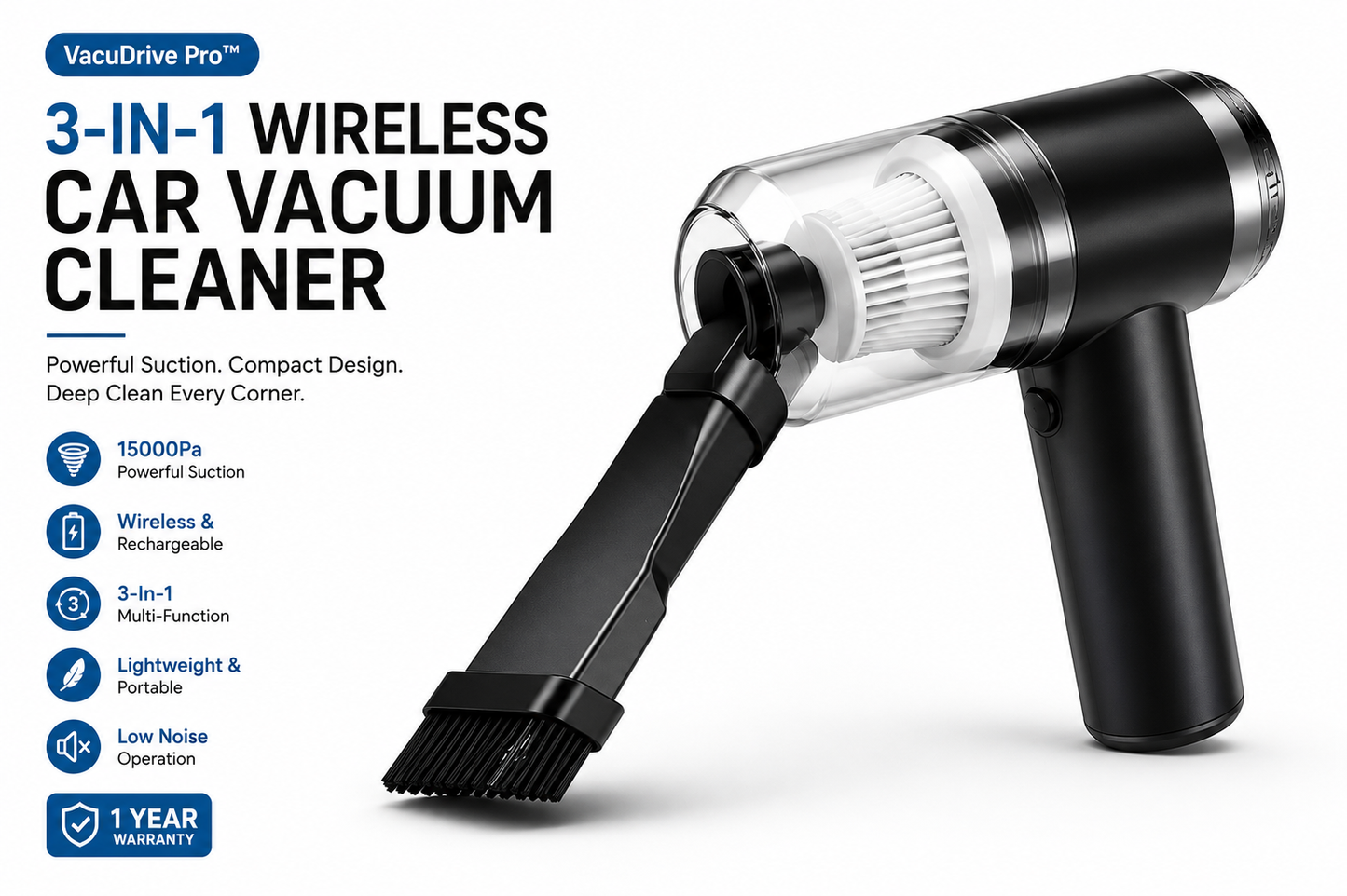 VacuDrive Pro™ – High-Power 3-in-1 Wireless Car Vacuum Cleaner