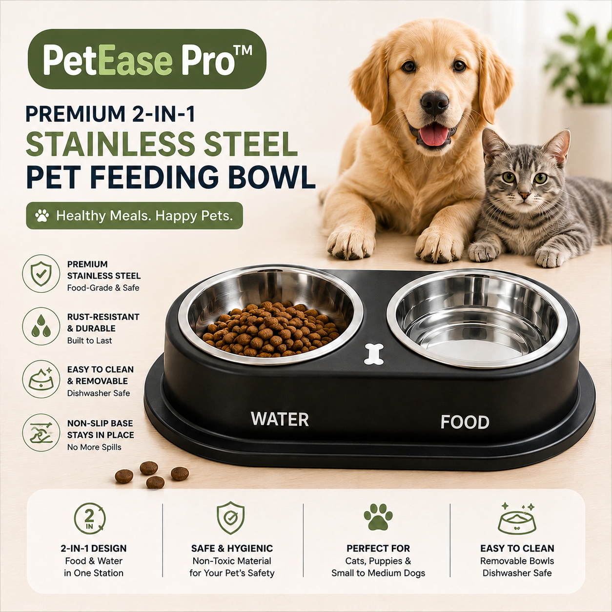 PetEase Pro™ | Premium 2-in-1 Stainless Steel Pet Feeding Bowl
