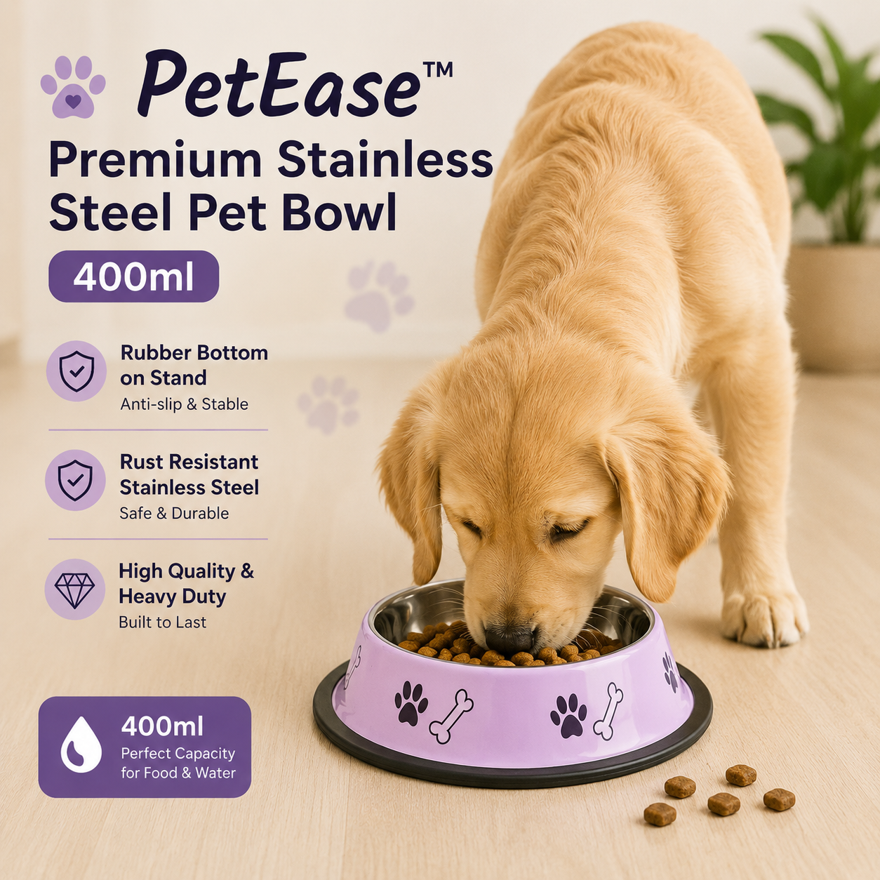 PetEase™ | Premium Stainless Steel Pet Bowl (400ml)